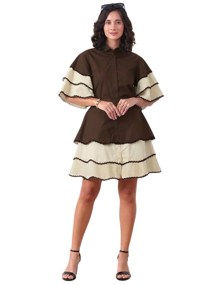 Ruffled Cotton Solid Shirt with Skirt For Women's Co-Ord Set|Short Sleeves Shirt Collar Neck Mid Length Relax Fit Summer Western Casual Wear Ladies Cord Set (Brown)-image-1