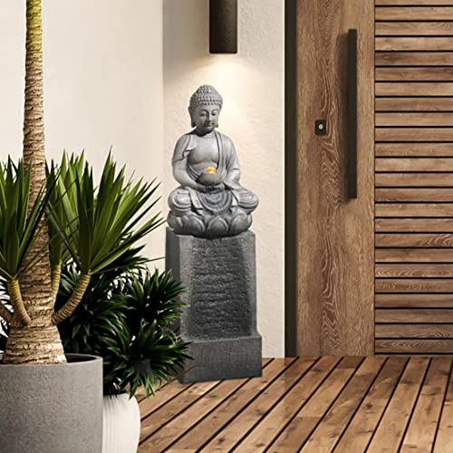 Luxenhome Resin Meditating Buddha On Column Patio Fountain With Led Lights, Zen Water Fountain Decor For Garden Fold Court Backyard Deck, 35 Inch, Gray #TOP1