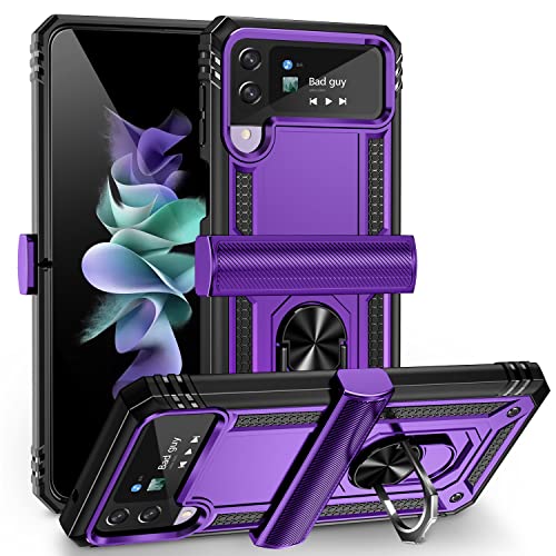 ONOLA Compatible with Samsung Galaxy Z Flip 4/3 Case with Hinge Protection and 360°Rotate Ring Magnetic Kickstand Heavy Duty Protective Case for Galaxy Z Flip 3/4(Purple)
