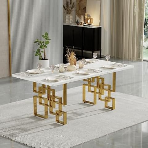 AUZ Modern Dining Table, 78 inches Rectangular Dining Room Table for 4-8, White and Gold Dining Table with Polished Gold Stainless Steel Geometric Base Cover