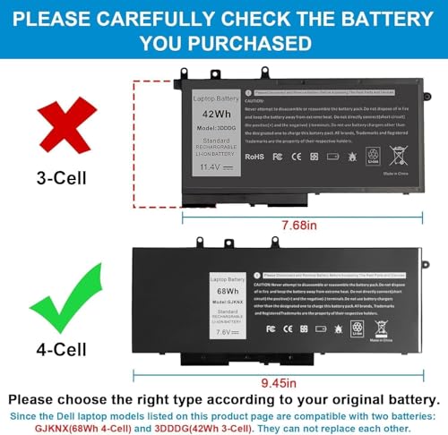 Image of GJKNX 7.6V 68WH Battery for Dell Latitude 5480 5580 5490 5491 5580 5590 5591 5280 5288 5488 5491 5495 E5480 E5580 E5490 E5590 Precision 3520 3530 Series GD1JP 0GD1JP DY9NT 5YHR4 451-BBZG (GJKNX)