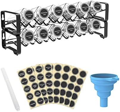 Lekind Spice Racks with Jars Spice Organizer with 12 Empty Square Spice Jars, Spice Labels with Chalk Marker and Funnel Complete Set, for Countertop, Cabinet or Wall Mount, Black