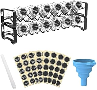 Lekind Spice Racks with Jars Spice Organizer with 12 Empty Square Spice Jars, Spice Labels with Chalk Marker and Funnel Complete Set, for Countertop, Cabinet or Wall Mount, Black