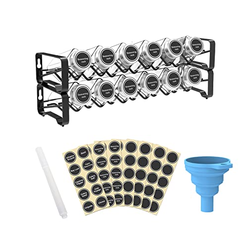 Lekind Lot complet de 12 boîtes à épices carrées vides avec marqueur à craie et entonnoir - Pour plan de travail, armoire ou support mural - Noir Cover