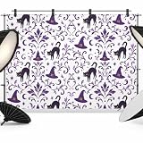 Purple Floral Halloween Backdrop 12x8ft Horror Black Cats Photography Backdrop Fabric Photoshoot Background Polyester Tapestry Banner for Birthday Baby Shower Decoration Party Video Photo Studio Props