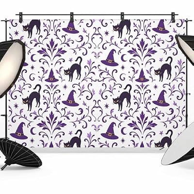Purple Floral Halloween Backdrop 12x8ft Horror Black Cats Photography Backdrop Fabric Photoshoot Background Polyester Tapestry Banner for Birthday Baby Shower Decoration Party Video Photo Studio Props