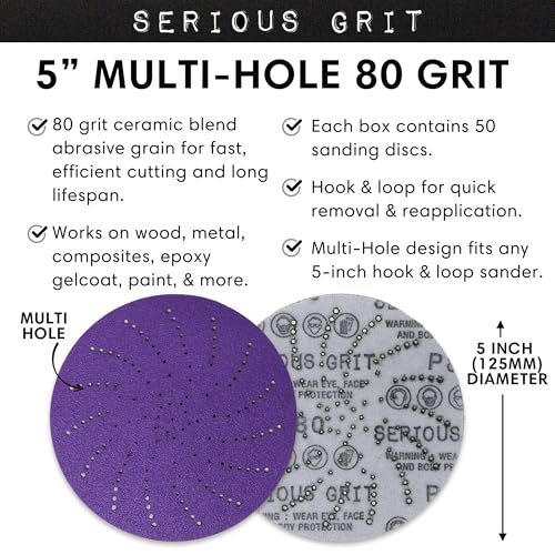 Image of Serious Grit - 5-Inch P80 Grit Ceramic Multi-Hole Sanding Discs - 50 Pack | Fits 5 inch Hook & Loop Sanders - Universal Dust Extraction Pattern - Film-Backed Heavy-Duty Sandpaper for Wood, Metal & Paint