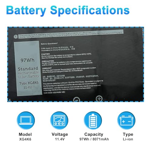 Image of XG4K6 Laptop Battery for Dell XPS 17 9700 9710 9720 9730 Series | Replacement for Dell Precision 5750 5760 5770 Series P92F P92F001 P92F002 P92F003 01RR3 F8CPG 5XJ6R KVPMY 11.4V 97Wh 8071mAh