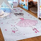 Mazovia Kinderzimmerteppich Antirutsch - Waschbar bis 30 Grad - Ballett Ballerina Katze - Kurzflor Kinderteppich Teppich für Kinderzimmer - ÖKO-TEX - Teppiche Mädchen Rosa Pink Grau 80 x 150 cm