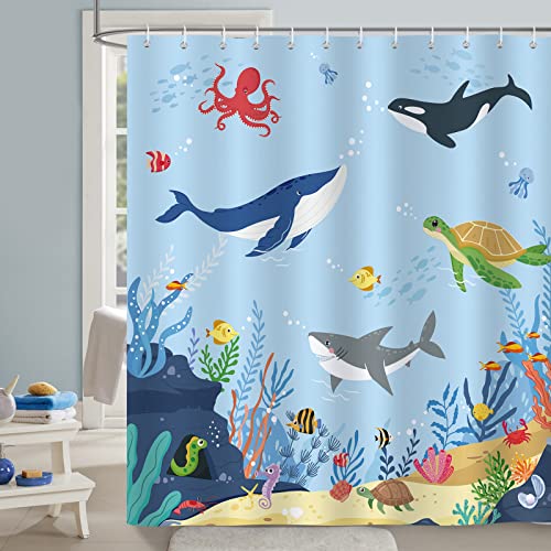 Bonhause Ocean Shower Curtain For Kids Under The Sea Dolphin Fish Blue Decorative Bath Curtain 72 X 72 Inch Polyester Fabric Waterproof Bathroom Curtain With 12 Hooks #TOP1