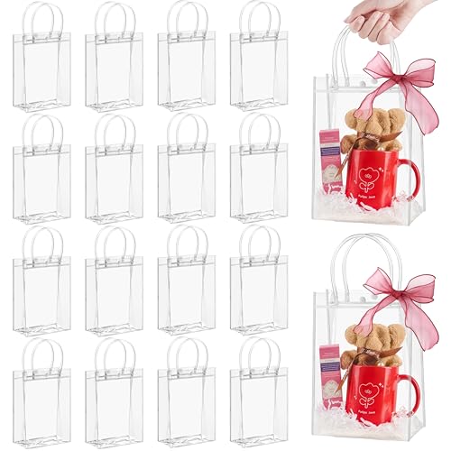 Jutieuo 24 PCS Clear Gift Bags with Handles 6.7 x 9.1 x 2.8 Inches Reusable Plastic Goodie Bag Transparent Party Favor Bags Bulk for Weddings Birthdays Events Classrooms & Celebrations