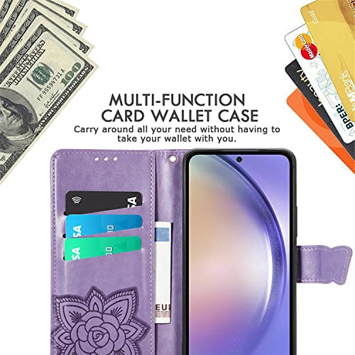 Digplus For Samsung Galaxy A54 5G Wallet Case, [Butterfly & Flower Embossed] Leather Wallet Case Flip Protective Phone Cover With Card Slots And Kickstand For Galaxy A54 5G (Lavender) #TOP2