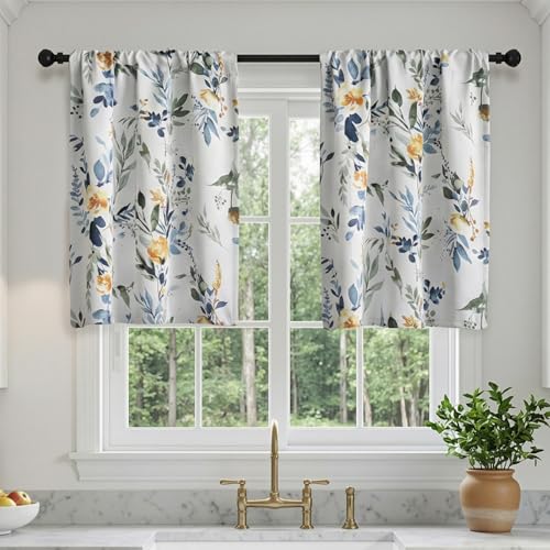 Image of MYSKY HOME Floral Kitchen Tier Cafe Curtains 36 Inch Length 2 Panels Privacy Small Window Treatments Rod Pocket for Bathroom Basement, Yellow and Blue, 30 inch Wide