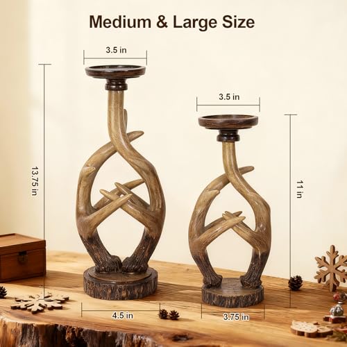 Scenekoy Vintage Antler Candle Holder Set of 2, Large & Medium Farmhouse Candlestick Holders for Table Centerpiece, Pillar Candle Stick Holders Resin Candle Stand for Home Decor Xmas Decorations