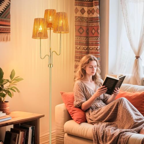 Image of MAYNA 3-Light Gold Boho Floor Lamp with Handwoven Rattan Shades