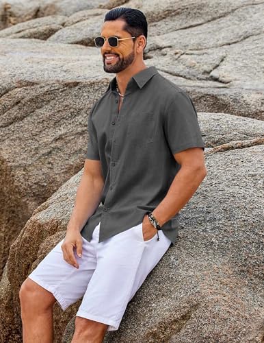 Image of COOFANDY Men's Button Down Short Sleeve Shirt Casual Cotton Summer Beach Wedding Linen Shirts with Pocket