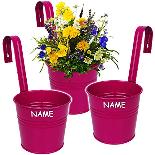 alles-meine.de GmbH Hänge - Blumentopf/Hängetopf/Pflanzschale - Metall - Ø 17 cm - pink/Purpur/violett/rosa - lila - inkl. Name RUND - Hängend/mit Haken & Halterung ..