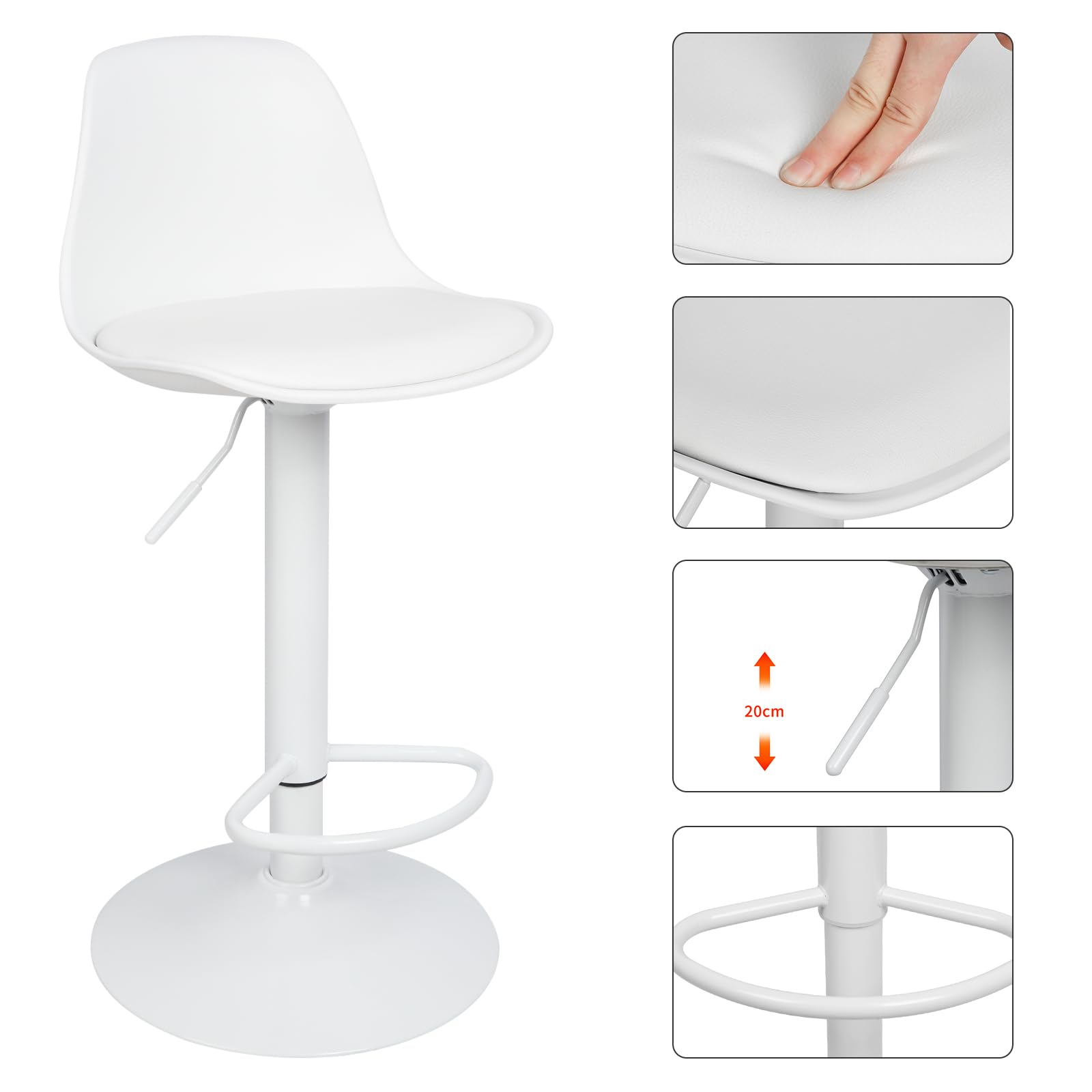 Tabouret Bar Lot de 2 Chaise de Bar Tabouret de Comptoir avec Dossier, Tabouret de Bar en Cuir synthétique,Réglable en Hauteur, Pivotant à 360°,Hauteur d'Assise 55-75cm (Blanc- 2pcs)