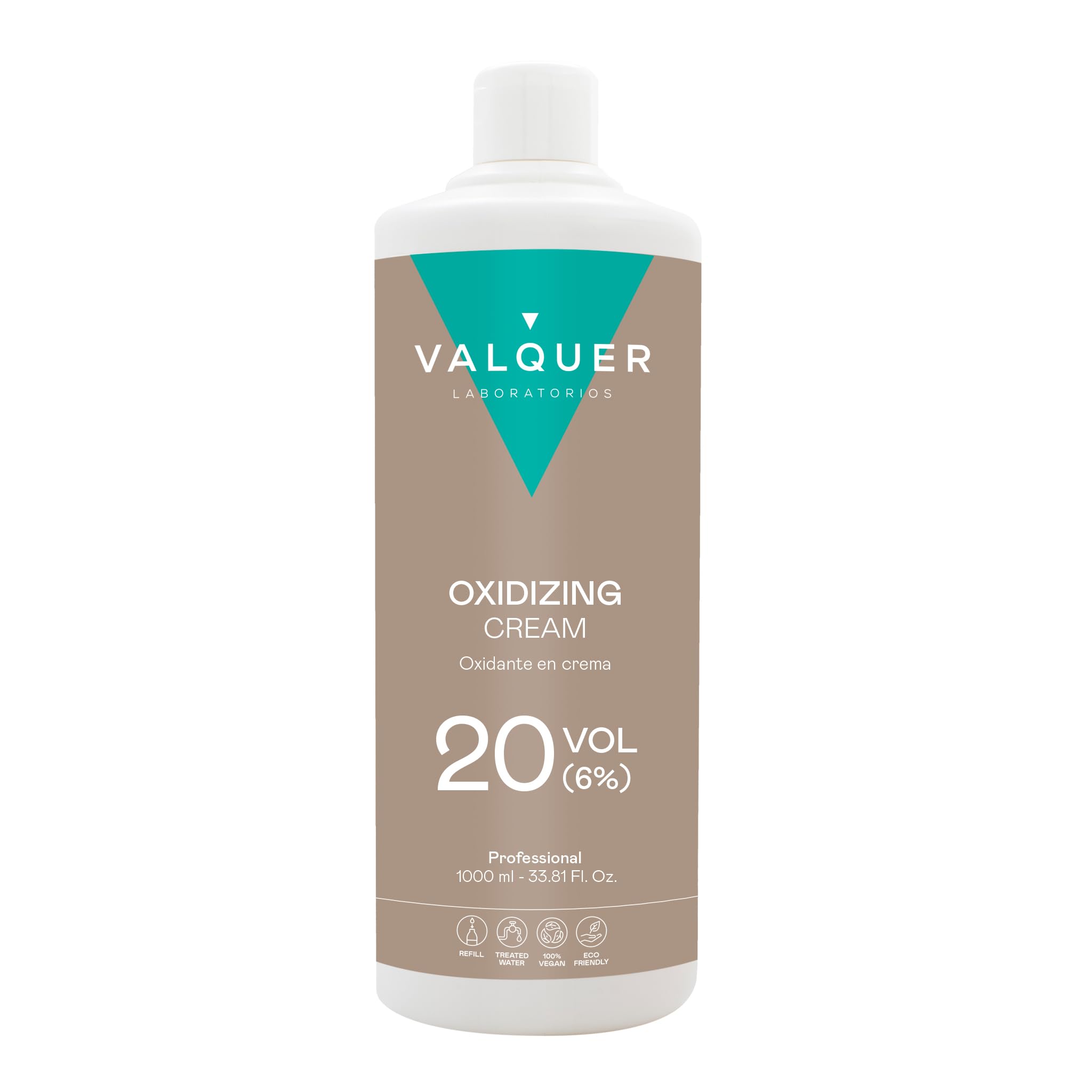 VALQUER Stabilized Hydrogen Peroxide Cream 20 Volume 6%, Oxidizer for Permanent Hair Coloring and Bleaching. Vegan Formulation with Natural Ingredients. Professional Use. 1L.