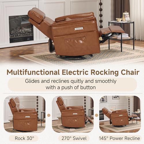 Image of MELLCOM Power Recliner Rocking Chair with Adjustable Arms and Headrest, Swivel Electric Glider Reclining Nursing Chair Nursery Gliders with USB Port and Storage Bags, FSC Certified(Leather, Brown)