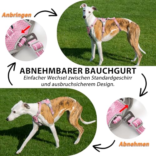 Huntboo Sicherheitsgeschirr Hund Ausbruchsicher, Panikgeschirr für Hunde, Anti Zug Hundegeschirr, Reflektierend, Verstellbare, Leichte Weste für kleine, mittelgroße und große Haustiere (Rosa,M)