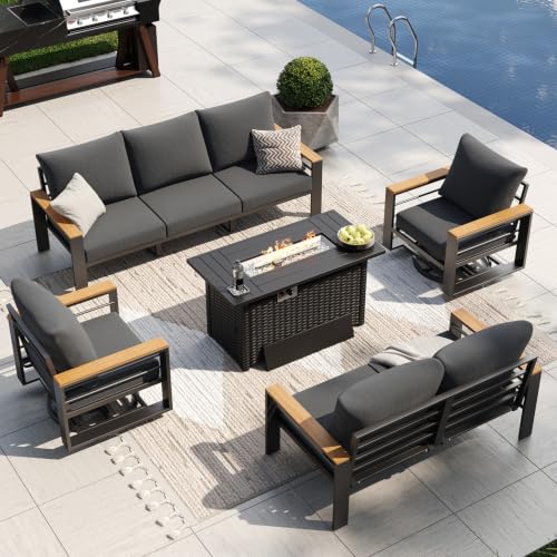 Image of Aoxun Aluminum Patio Furniture Set with Swivel Chairs & Fire Pit Table