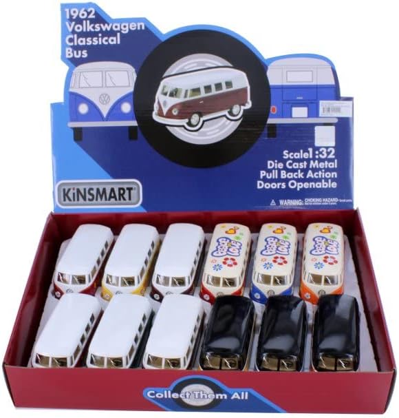 ModelToyCars Kinsmart Volkswagen Classic Bus Assortment Diecast Car Set - Box of 12 1/32 Scale Diecast Model Cars, Assorted Colors