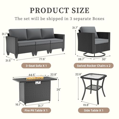 Image of UDPATIO Patio Furniture Set with Fire Pit Table, Rocking Swivel Chairs, 5 Pieces Outdoor Furniture Sets, All-Weather Wicker Outdoor Sectional Sofa with Waterproof Cover, 4'' Thickened Cushion, Grey