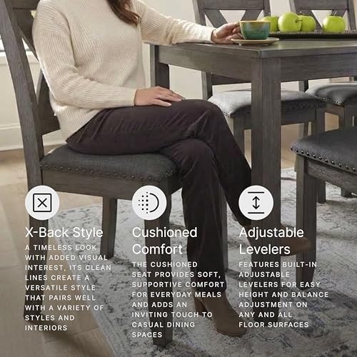 Image of Signature Design by Ashley Caitbrook 7-Piece Dining Set, Gray Wash | Acacia veneer & engineered wood, X-back cushioned chairs, 36x60 inch footprint, Nailhead trim accents