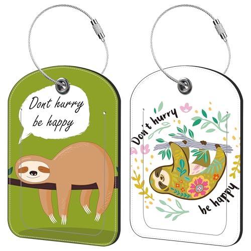 iapodiad Cute Sloth Luggage Tag for Suitcase Set of 2 PU Leather Cute Luggage Tags with Stainless Metal Loop ID Label Privacy Flap Suitcase Tags for Women and Men Travel