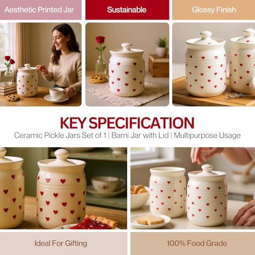 Image of Heart Print Ceramic Handglazed Pickle Jars Set of 2-1000 ML Each | 1 kg Achaar Martban Barni Jar with Lid | Ceramic Storage Jar Container Pickle /Achar, Chatney