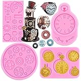 RFGHAC Steampunk Fondant Mold Clock Silicone Molds Wheel Cogs Gears Molds For Cake Decorating Cupcake Topper Chocolate Candy Gum Paste Polymer Clay Set Of 4