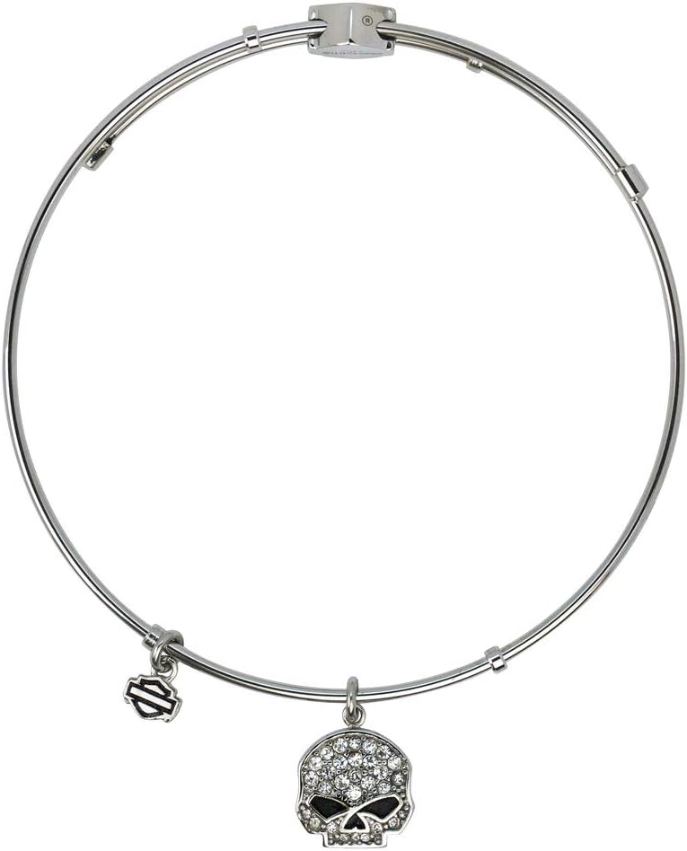 Harley-Davidson Womens Bangle, White Bling Willie Skull Charm Bracelet HSB0043-7