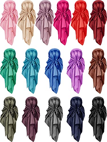16 Pieces 35 Inch Satin Hair Scarf Women Silk Head Neck Scarf Bulk Large Square for Sleeping Solid Color Lightweight Hair Wrapping at Night