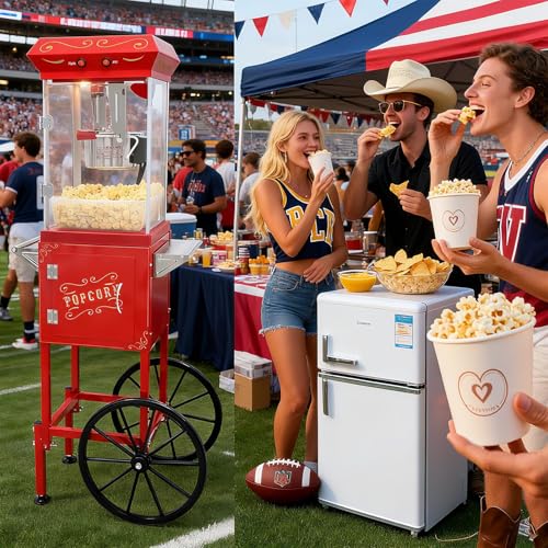Image of Popcorn Cart Machine with Wheels - 8oz Commercial-Grade Stainless Steel Kettle, Electric Popcorn Popper for Home, Theater, Parties & Events (Red)