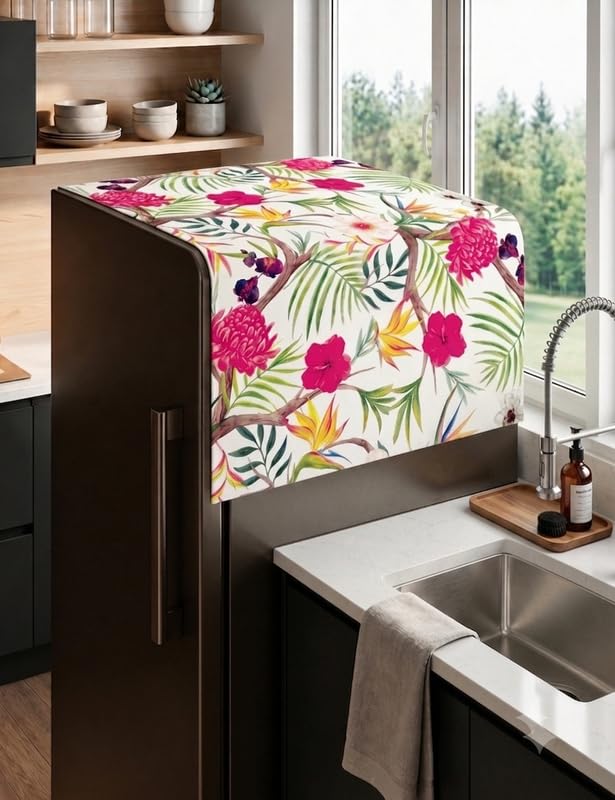 Image of WWW.THROWPILLOW.IN Fridge Top Cover Single Door|Refrigerator Cover Dustproof |Fridge Top Mat |Floral Single Door Fridge Cover for Small Fridge |Fits Haier, LG, Samsung, Whirlpool 100L-250L