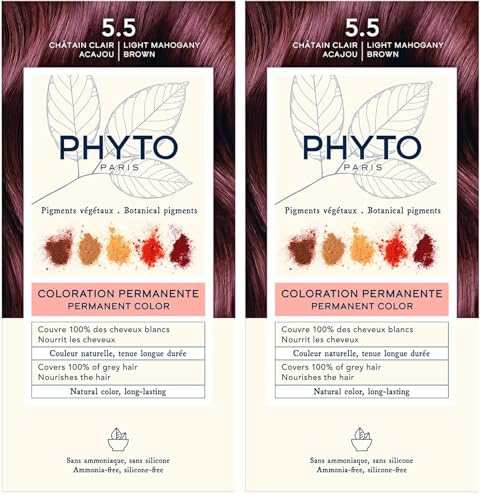Phyto - Kit Coloration Permanente - 5.5 Châtain Clair Acajou - Pigments Végétaux - Sans Ammoniaque - Experts Coloristes - Tenue Longue Durée - Couvre 100% des Cheveux Blancs (Lot de 2)