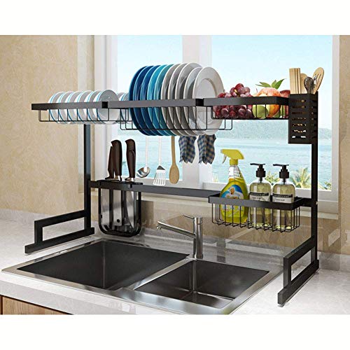Geschirrtrockner mit Besteckhalter, über Spüle Geschirrkorb Edelstahl Geschirrablage Regal Rostfrei Organizer Küche Schwarz 85cm (33inch)
