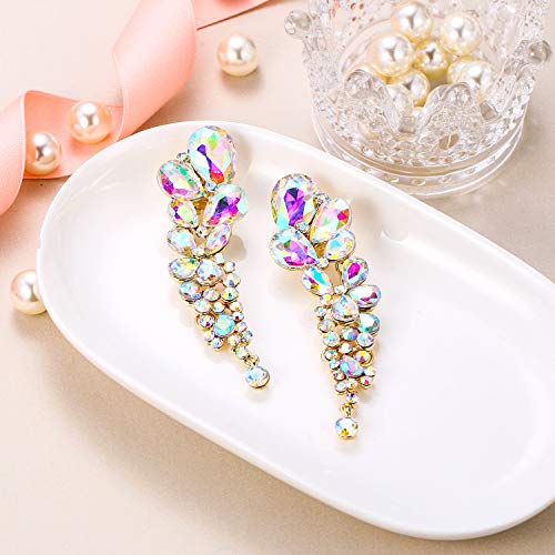 Ever Faith Women's Austrian Crystal Tear Drop Clip-On Dangle Earrings Iridescent Clear Ab Gold-Tone #TOP3