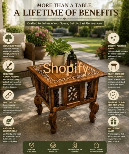 Image of Shopify Wooden Stool-Natural Wood Antique Look Side Table with Drawer for Living Room (Brown, 14 x 14 x 21 inch) (Side Table)