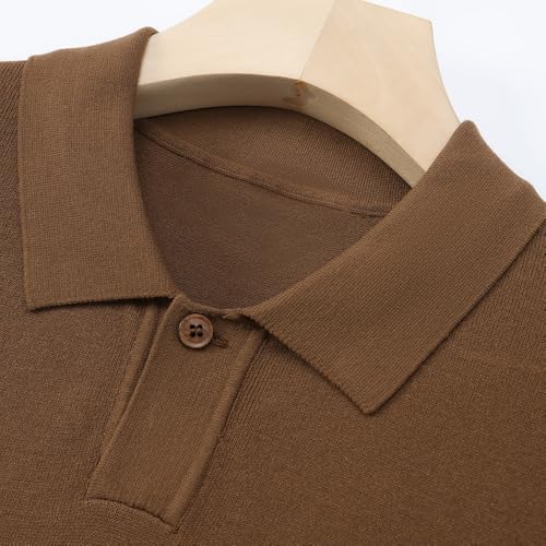 Men's Soft Viscose Blend Short-Sleeve Polo Sweater Lightweight Knit Top for Fall & Winter Classic Black Brown Beige (US, Alpha, Large, Regular, Regular, Brown)3