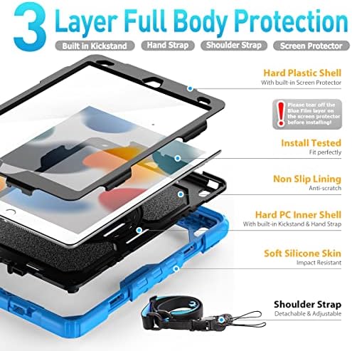 iPad 9th/8th/7th Generation Case, SEYMAC iPad 10.2 Case with Screen Protector Pencil Holder,Full Body Protective Case with Stand, Shockproof Case with Shoulder Strap Hand Strap for Kids, Light Blue