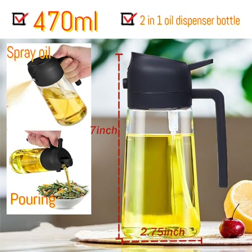Spruzzatore per olio 2 in 1, 500 ml, flacone spray per olio da cucina, bottiglia d'olio e spruzzatore, spray per olio d'oliva, dispenser per aceto, per cucinare, cuocere, grigliare e insalata, - immagine 5