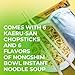Savory Bowl Noodles Bundle 6 Pack. Enjoy 6 Delicious Flavors! Nongshim Shin Bowl Noodles, Spicy Chicken, Spicy Shrimp, Lobster, Hot & Spicy, and Spicy Kimchi. Includes 6 Pairs of Kaeru-san Chopsticks.
