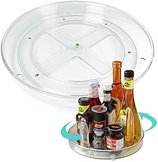 Lazy Susan Turntable Cupboard Organizer, Kitchen Rotating Spice Rack, Non-Slip Condiment Holder, Pantry Plastic Storage Tray Organiser (Transparent)