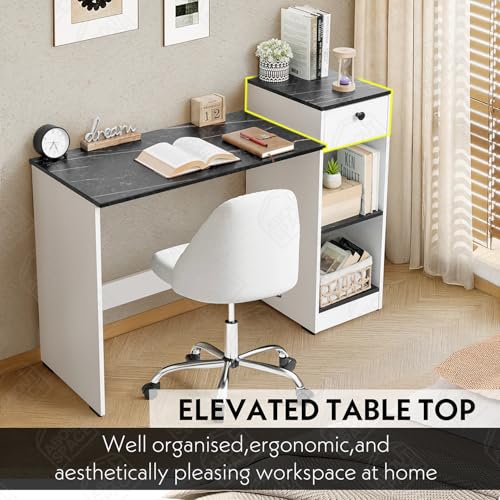 Image of ABOUT SPACE Study Table with Drawer - Computer Table with Bottom Storage Space DIY Engineered Wood Office Desk with 2 Adjustable Shelves for PC Laptop (White, Black Marble - L 123 x B 45 x H 89 cm)