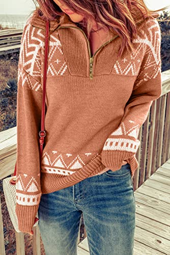 Melliflo Women Quarter Zip Pullover Western Aztec Geometry Knit Sweater Vintage Sweatshirt #TOP7