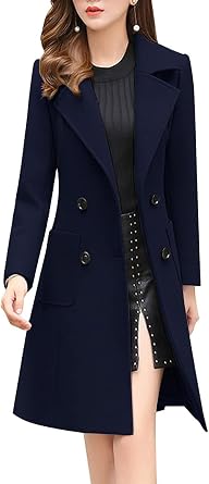 ebossy Womens Elegant Wool Blend Pea Coat Notched Lapel Double Breasted Winter Warm Mid Long Overcoat
