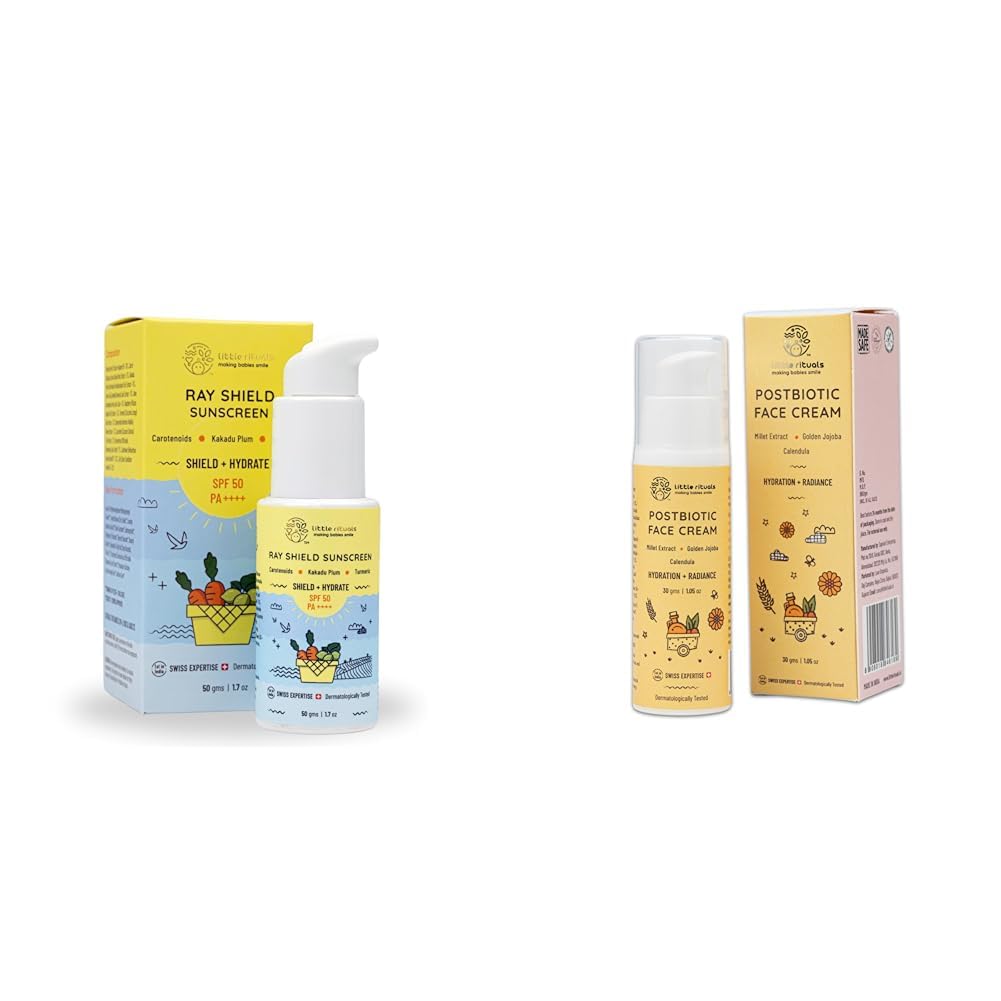 Little Rituals Rayshield Sunscreen for Baby and Kids, SPF 50 PA++++ UVA/UVB/IR DIGITAL Bluelight Protection - 50 g and Post-Biotic Face Cream Moisturiser with Golden Millets, Jojoba, Calendula - 30 g