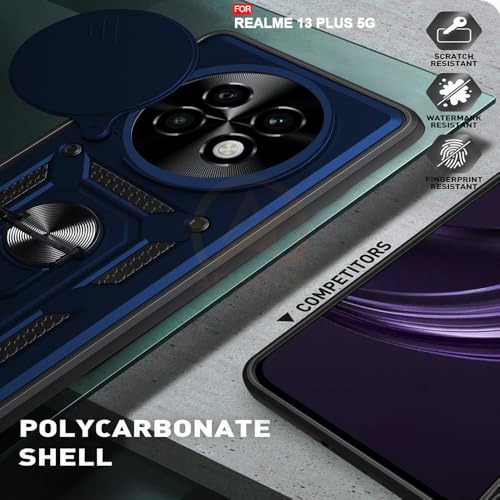 Image of Armor Bumper Back Cover Case for Realme 13 Plus / P1 Speed 5G Rotating Camera Cover, Ring Holder & Kickstand | Heavy Duty & 360 Degree Protection Realme 13 Plus / P1 Speed 5G Back Cover (Blue)